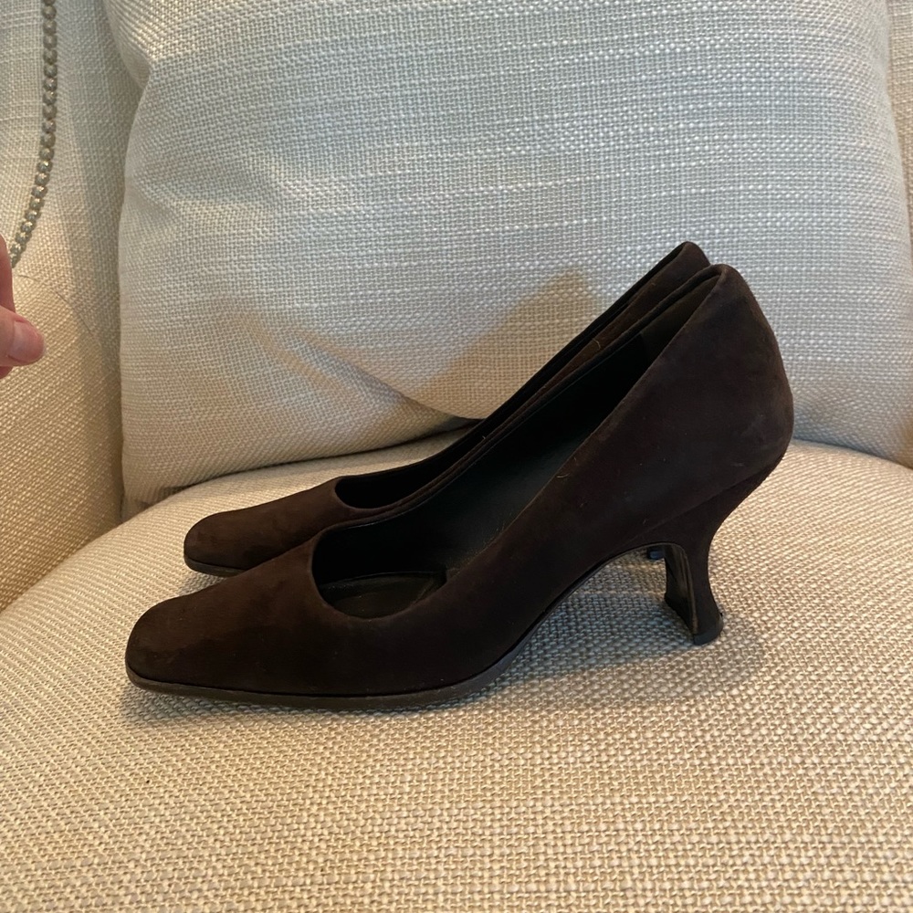 Prada Brown Suede Square Toe w Unique Heel Pump / Womens Size 8 - Picture 8 of 13